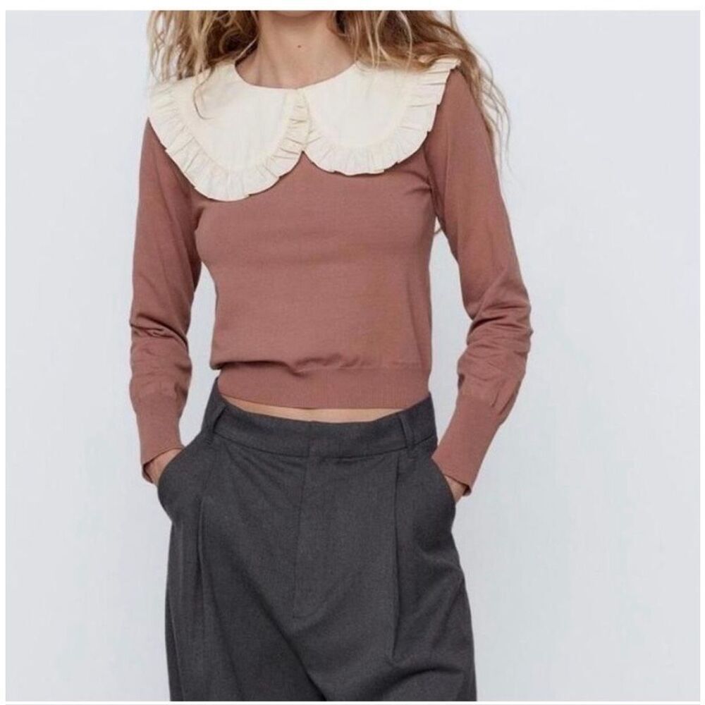 Zara contrast knit sweater featuring a prominent white ruffled Peter Pan collar